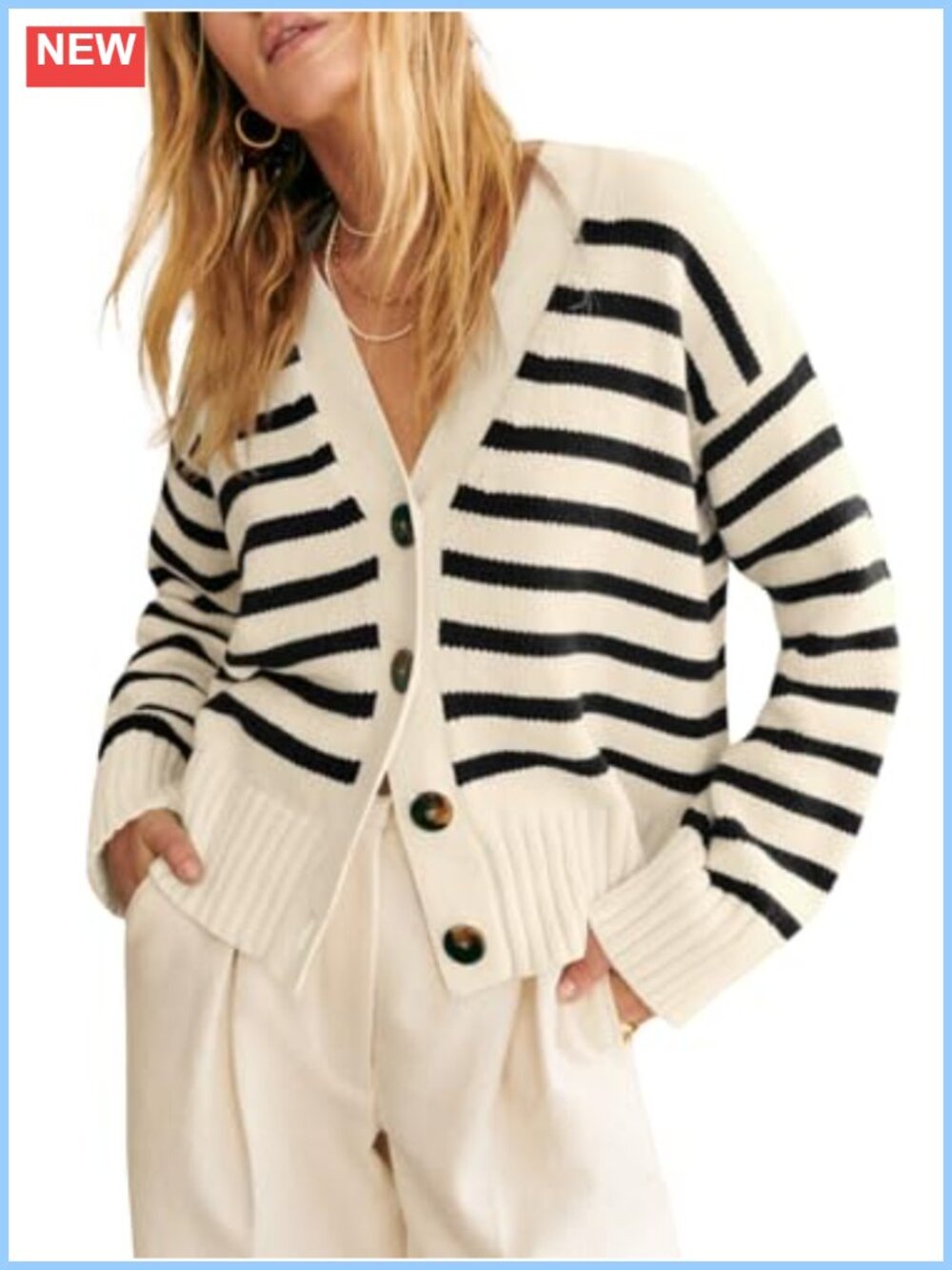 V Neck Button Down Striped Cardigan Long Sleeve Ribbed Knit Open Front Sweater